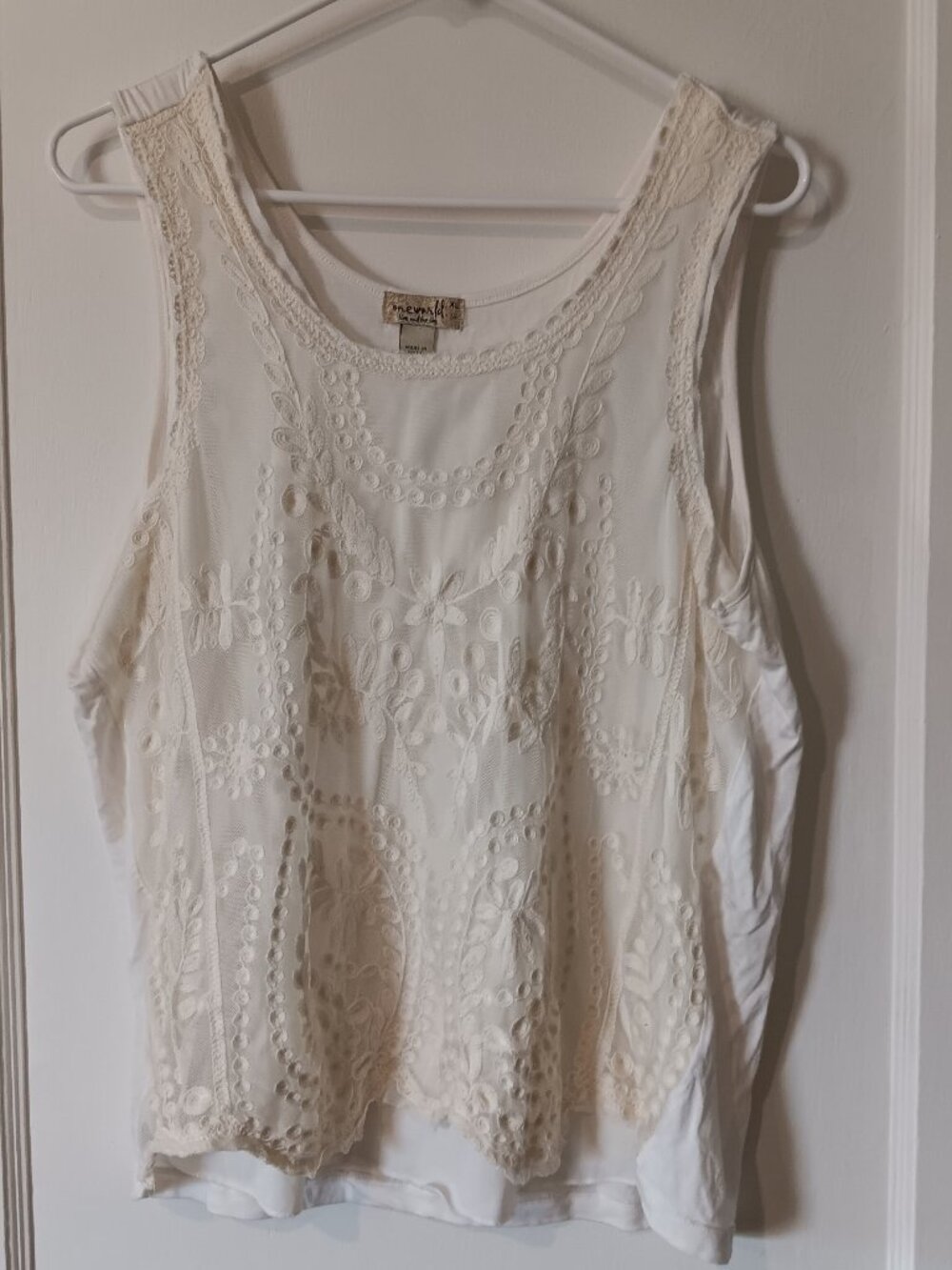 Fairycore White Sleeveless Lace Embroidered Mesh Cami Tank Top One World XL Boho